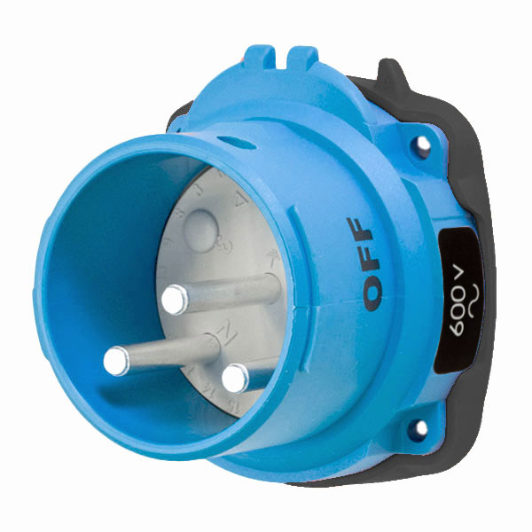 63-38142 - DSN30 INLET POLY BLUE SIZE 2 TYPE 4X IP 69 2P+G 30A 600 VAC 60 Hz NO AUX